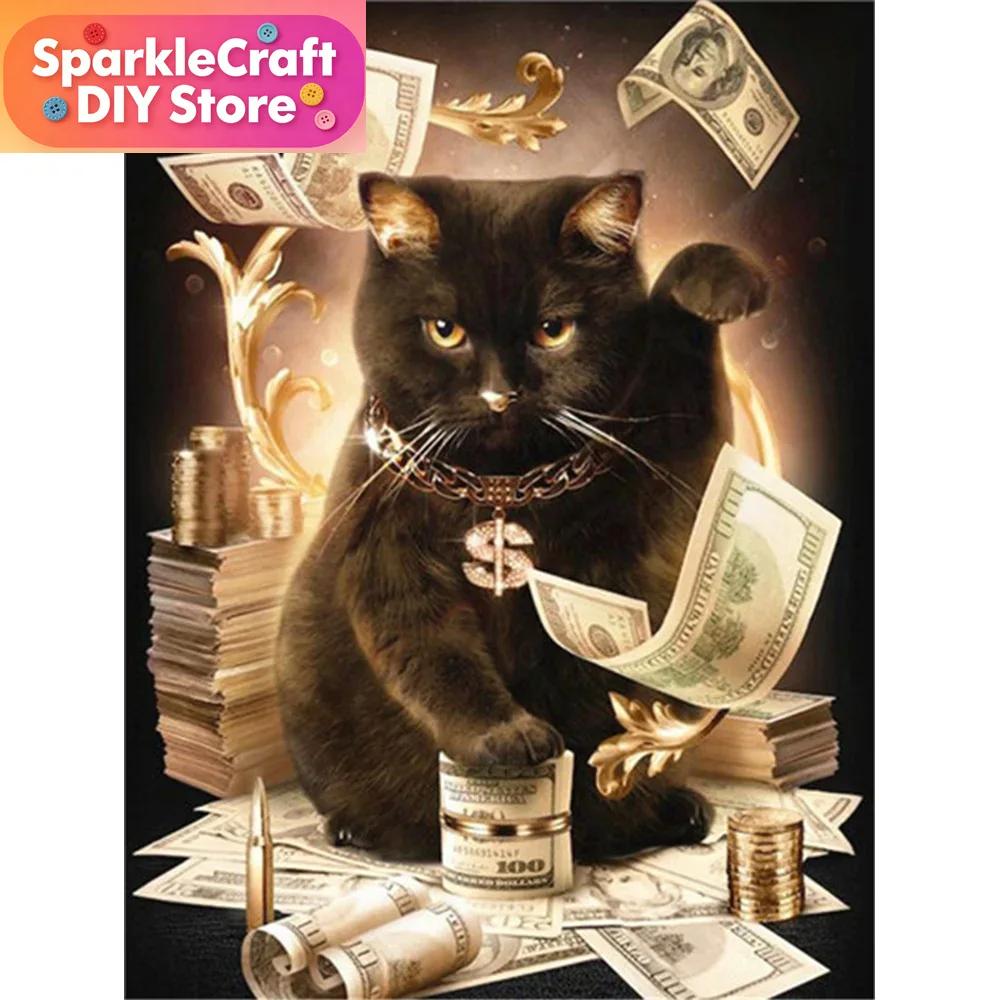 Embroidery Cat - Frameless, Full Square Diamond Painting Black