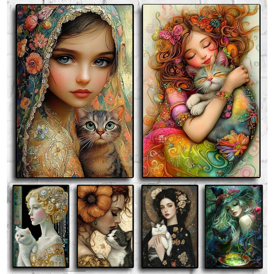 Embroidery Cat - 5D Diamond Painting Cross Stitch Girl
