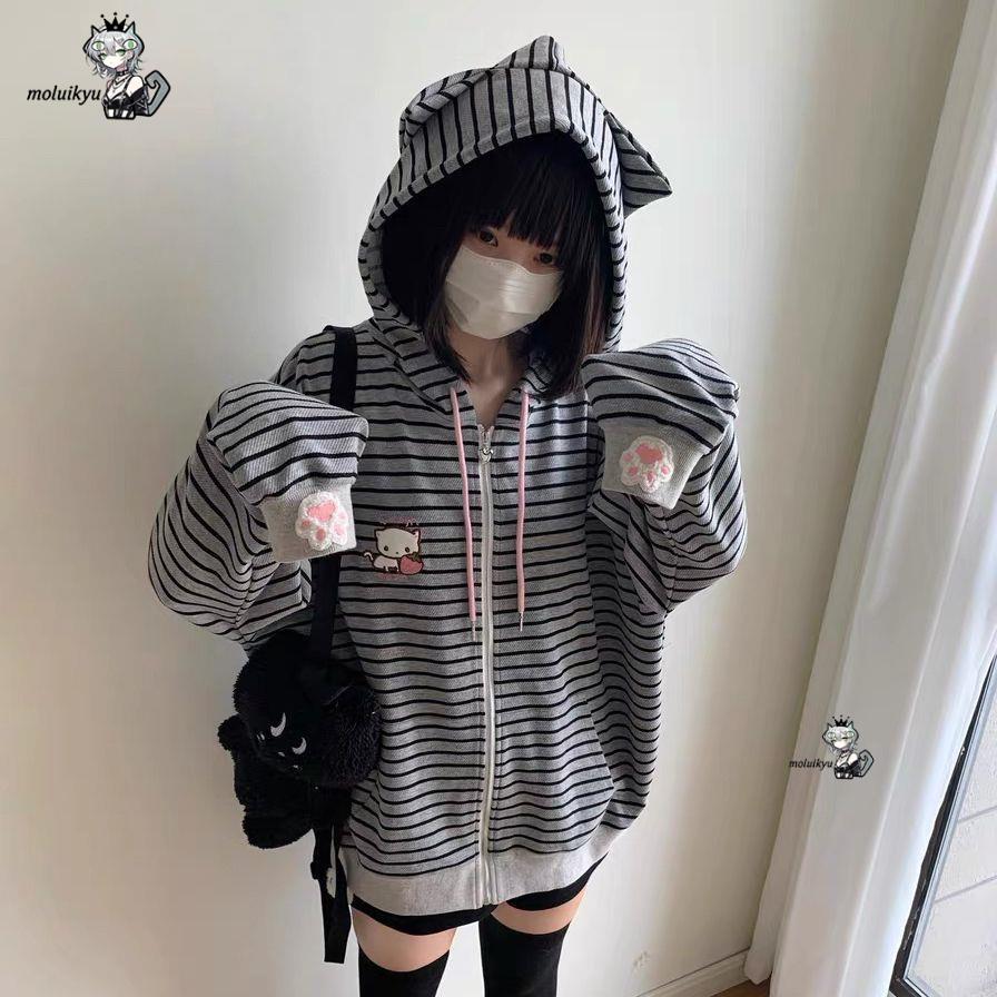 Y2K Women Striped Zip Up Jacke - Embroidery Cat avis et prix
