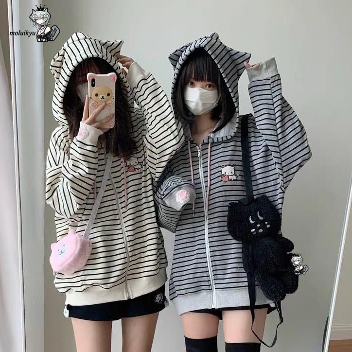 Y2K Women Striped Zip Up Jacke - Embroidery Cat avis et prix