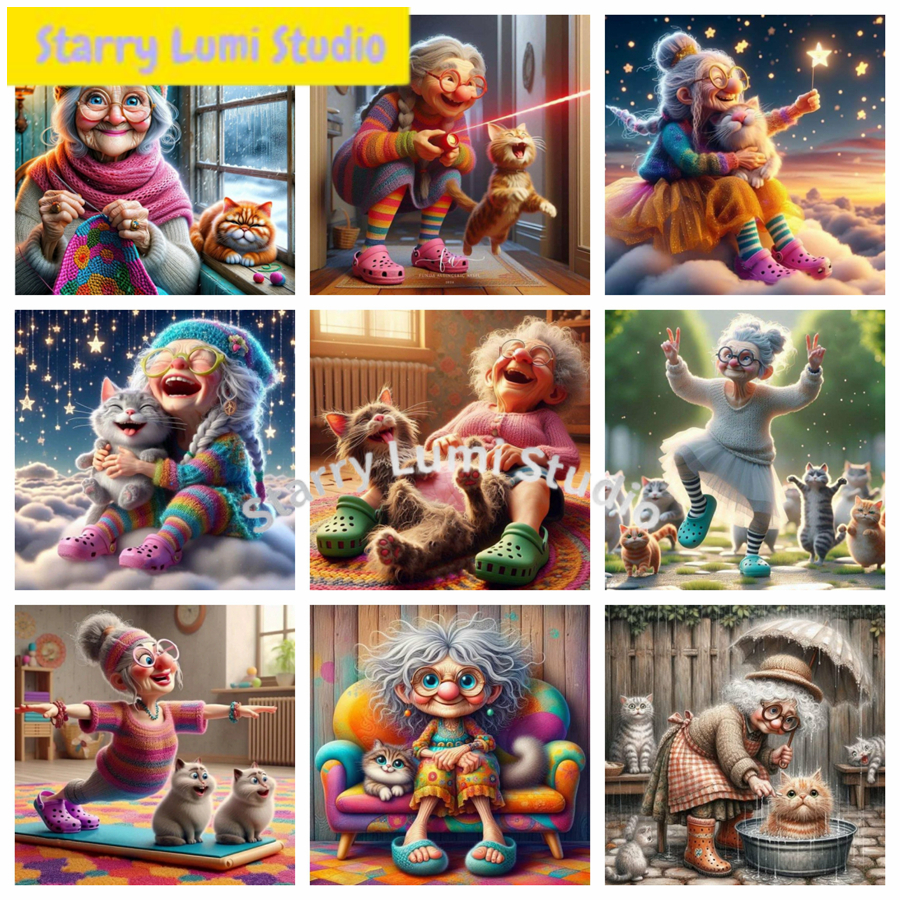 Funny Grandma And Cat Pet Anim - Embroidery Cat avis et prix